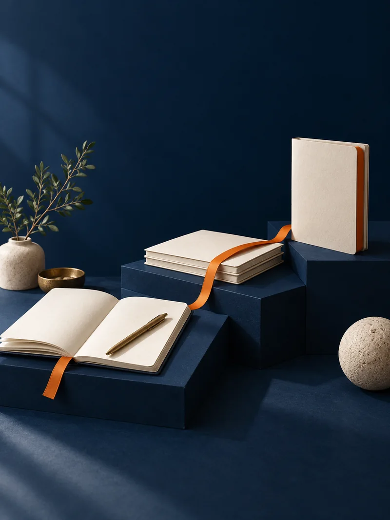 Illustration of notebooks on three navy steps joined by an orange ribbon, representing the first accounting cycles.