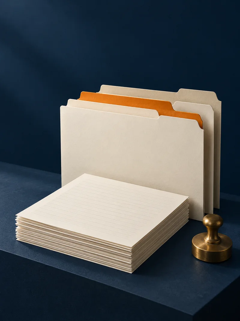 Illustration of ivory and orange folders, a paper stack and a brass stamp, representing annual close preparation.